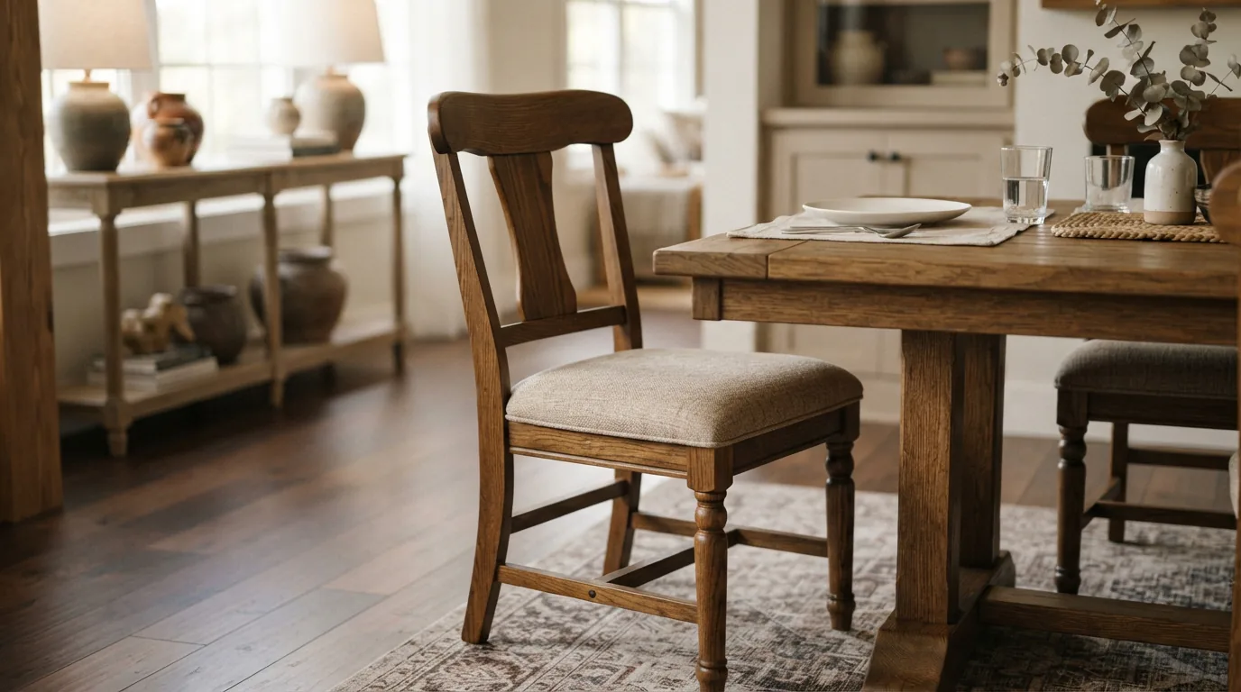 The Upholstered Solid Wood Dining Chair Side Chair at a dining table.