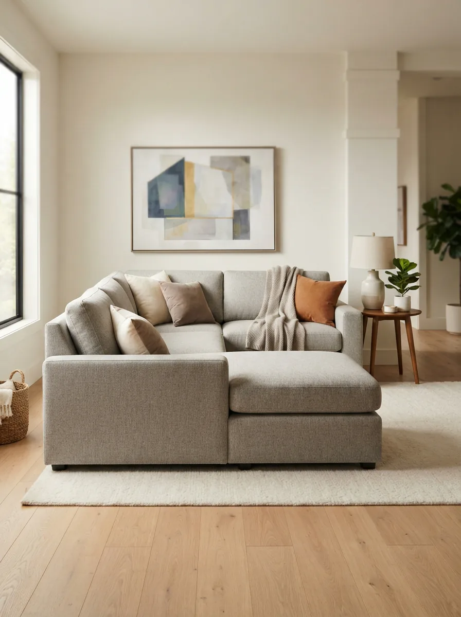 A sleek, modern sectional sofa in a contemporary living room setting with clean lines and plush cushions.