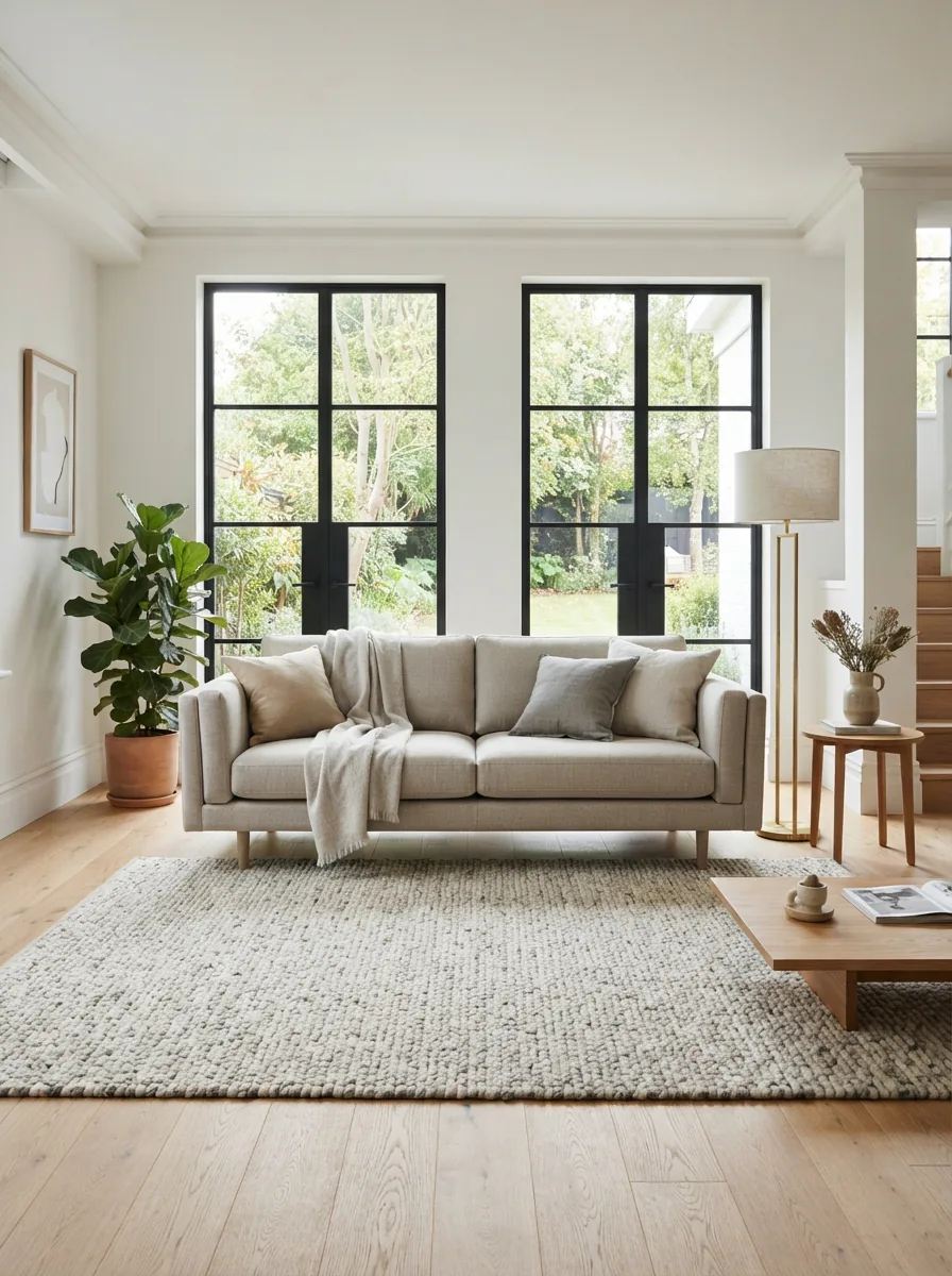 A spacious, modern living room featuring a large, stylish Hokku Designs sofa as the central furniture piece.