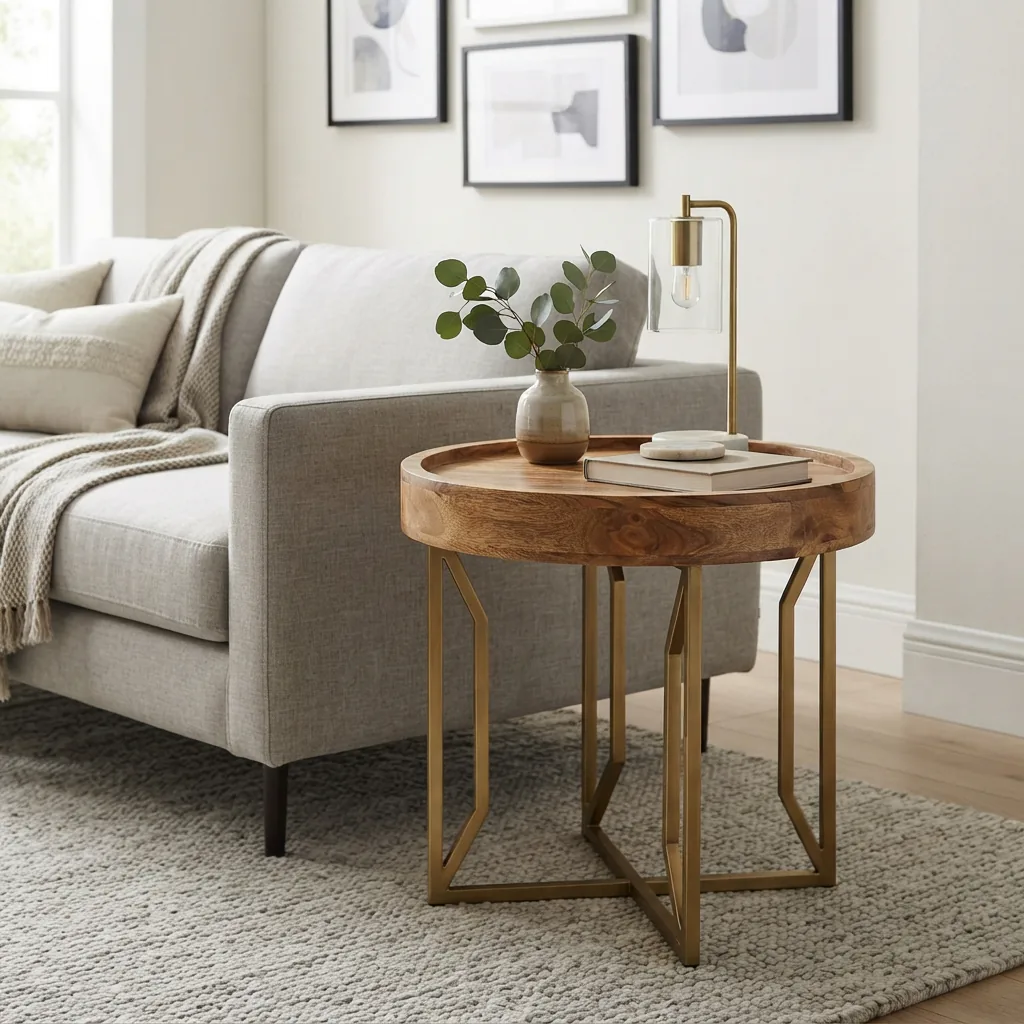 A Hokku Designs solid wood end table with a metal base in a living room setting.