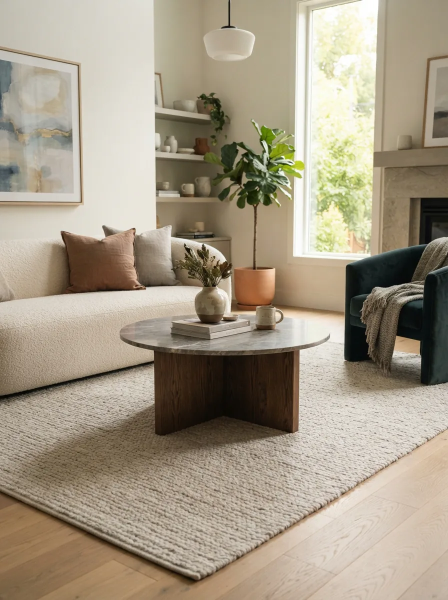 A stylish Hokku Designs coffee table in a modern living room setting, showcasing its sturdy construction and contemporary design.