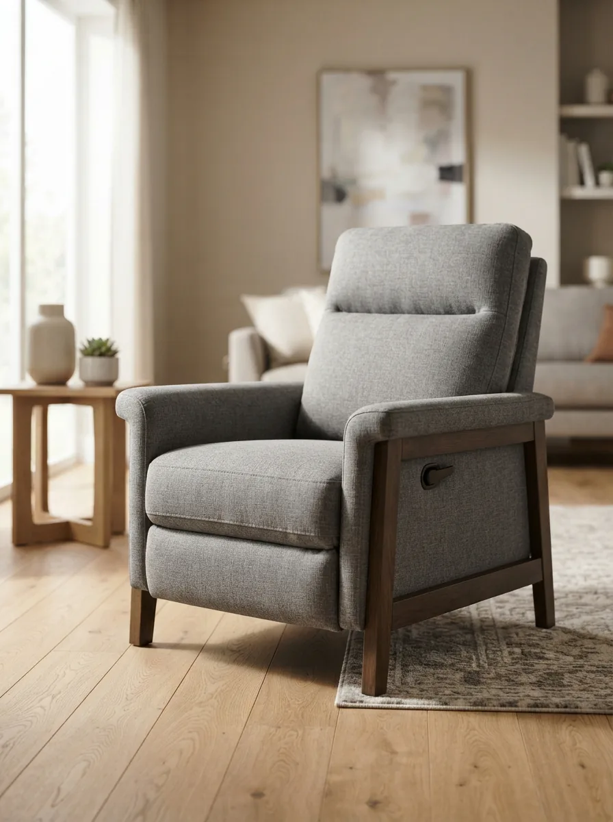 A Hokku Designs recliner in a contemporary living room, emphasizing its sturdy build and modern design.