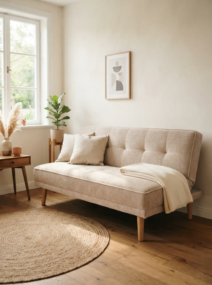 A Hokku Designs convertible sleeper sofa in a compact, modern living space.