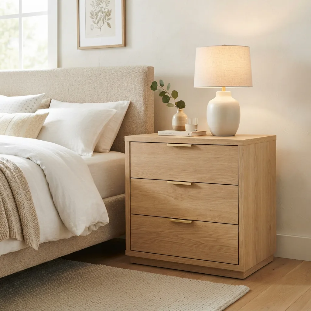 The Cesiro Accent 3-Drawer Nightstand beside a bed.