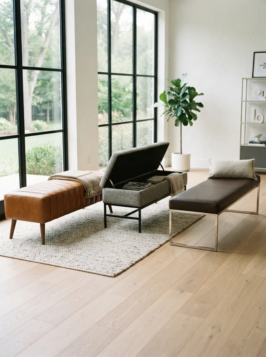 A collection of modern Hokku Designs benches arranged in a stylish living space.