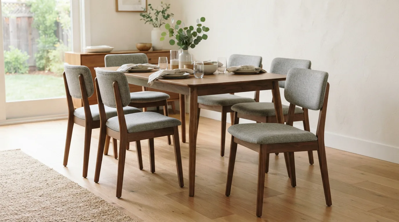 A set of four Upholstered Solid Wood Dining Chairs arranged around a dining table.