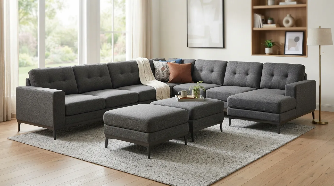 The Tolzmann Sectional Sofa with 2 Ottomans in a spacious, modern living room.
