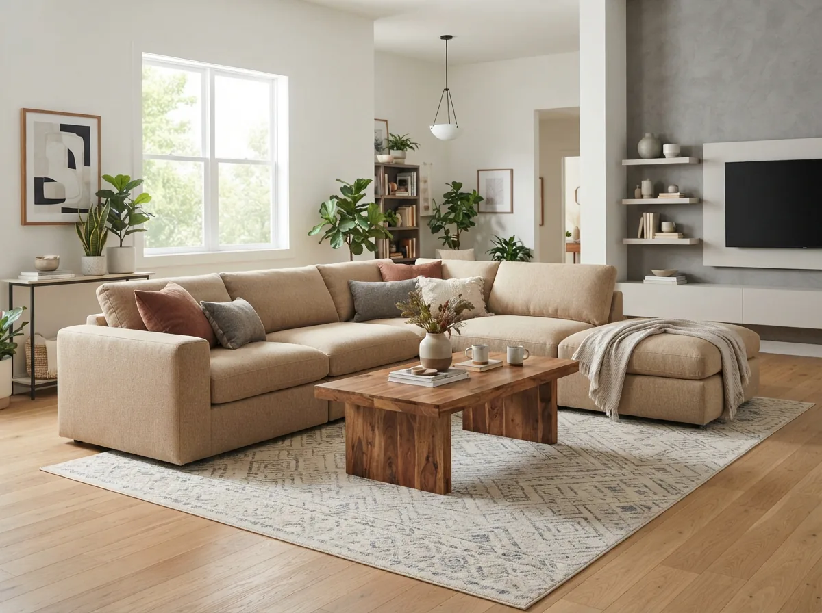 A cozy living room with a Hokku Designs sofa as the centerpiece.