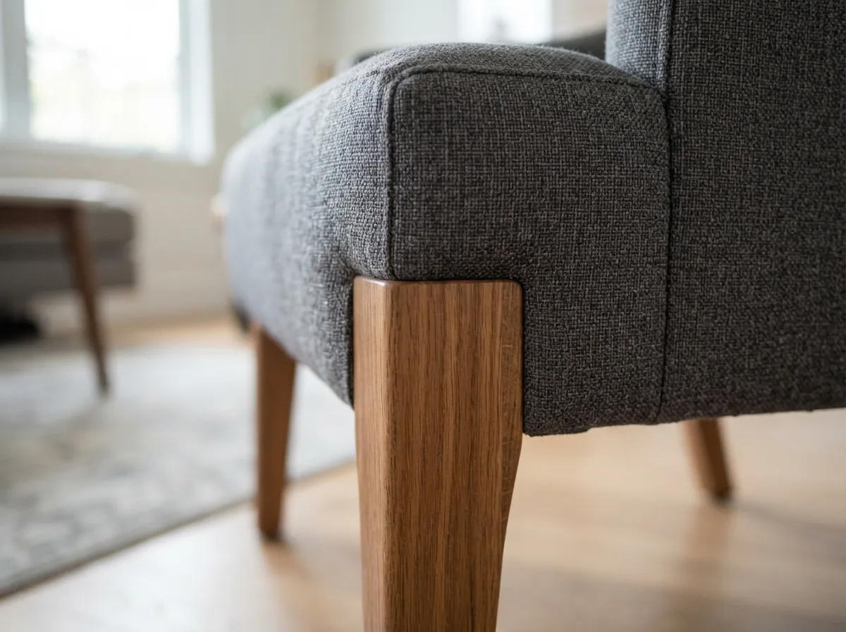 A close-up of Hokku Designs furniture craftsmanship, showing wood joinery and upholstery detail.