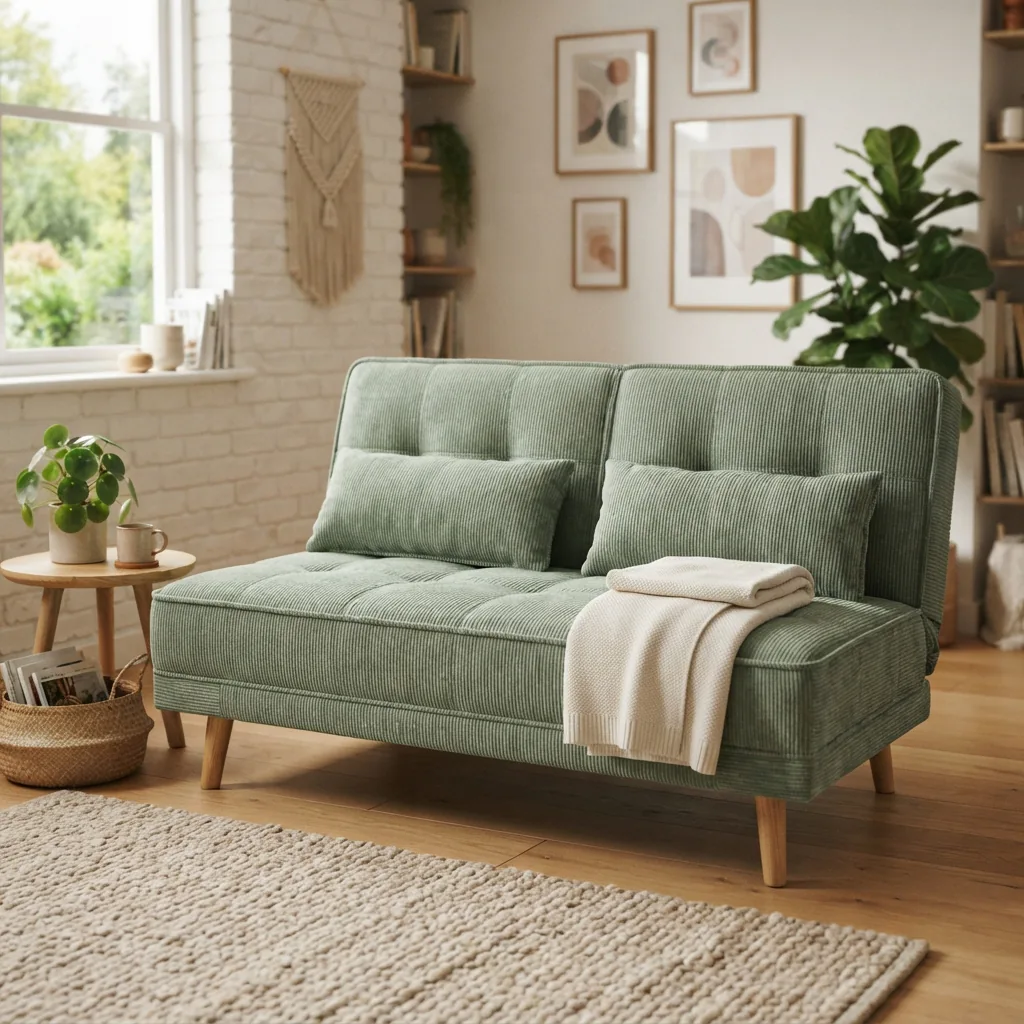 The Corduroy Upholstered Convertible Sleeper Sofa in a cozy living room.