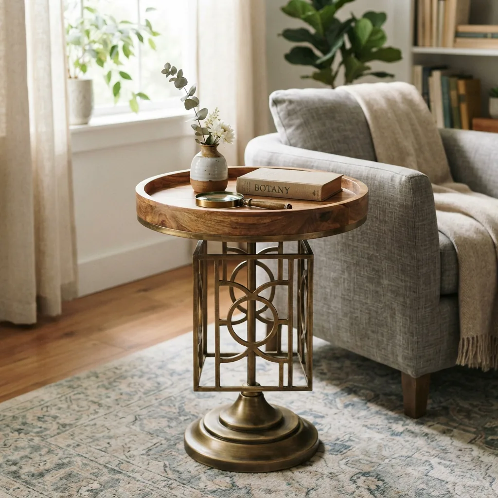 The Armengol Solid Wood End Table in a living room setting.