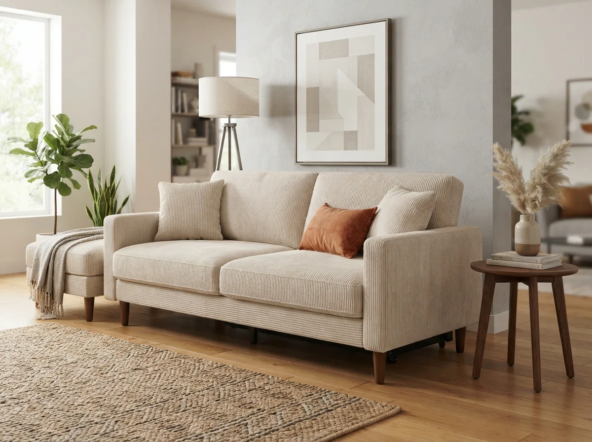 The Corduroy Upholstered Convertible Sleeper Sofa with Toss Pillows in a contemporary room.